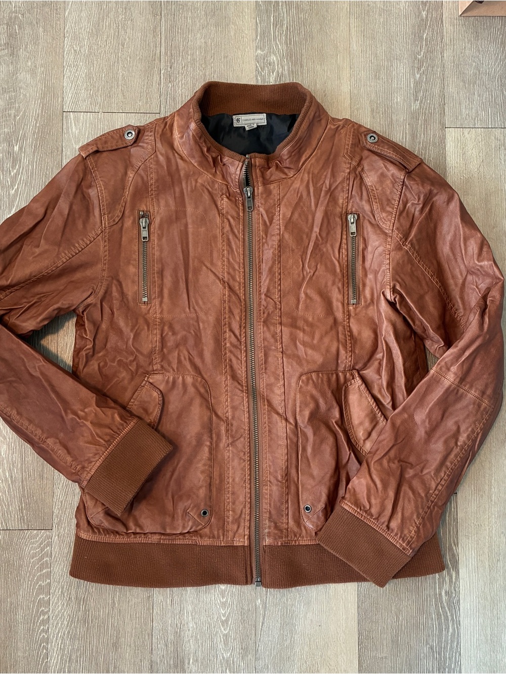 Men's Cognac Leather Bomber Jacket with Ribbed Trim